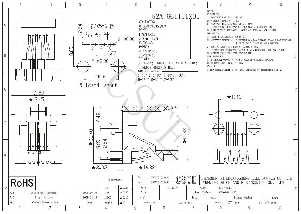 Top Entry 6p Single Port Rj11 Connector Modular Jack with Panel