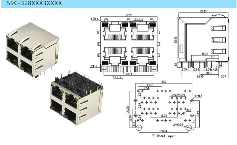 2X2 Ports 8p LED RJ45 PCB Jack Dual-Ports RJ45 Connector