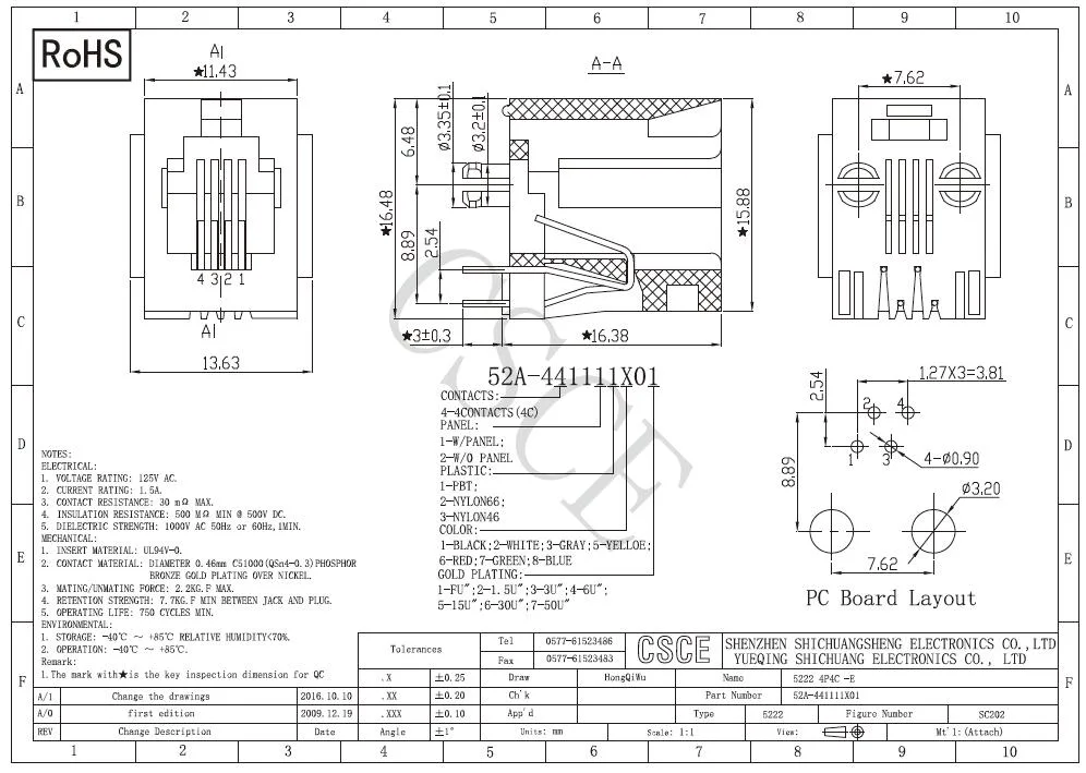 Top Entry Female 4p Rj11 Modular PCB Jack