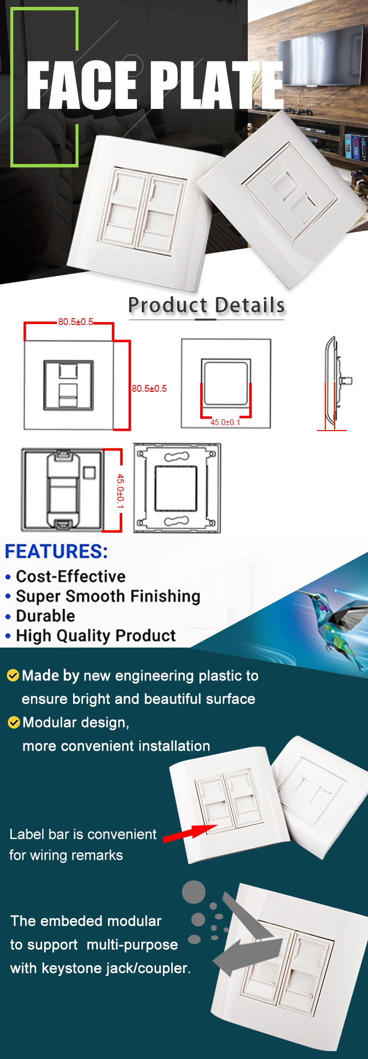 Gcabling 2 Port RJ45 France Faceplate Outlet Surface Mount Cat5e CAT6 CAT6A Faceplate