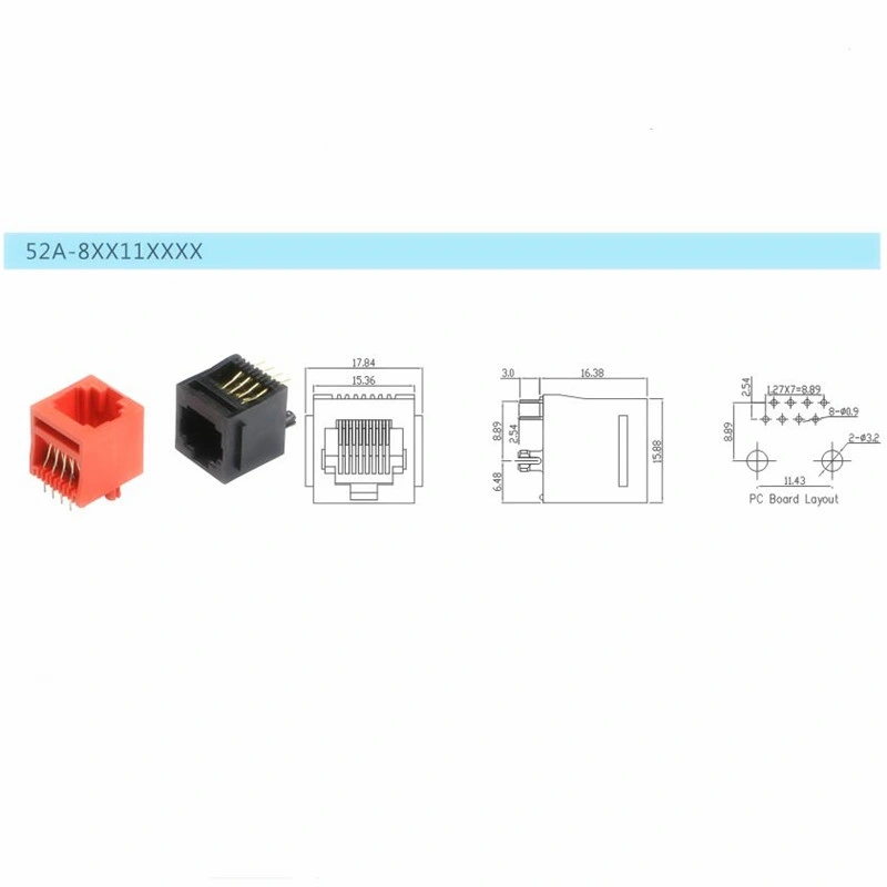 180 Degree Top Entry 8p RJ45 PCB Jack