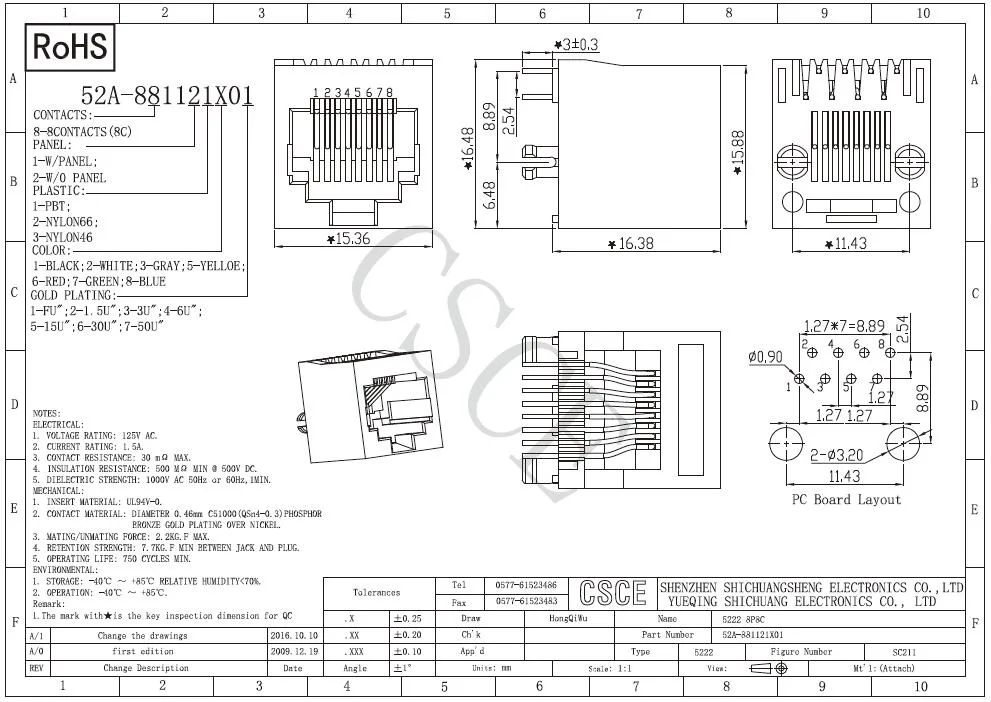 Top Entry 8p8c Modular PCB Jack with UL Certificate