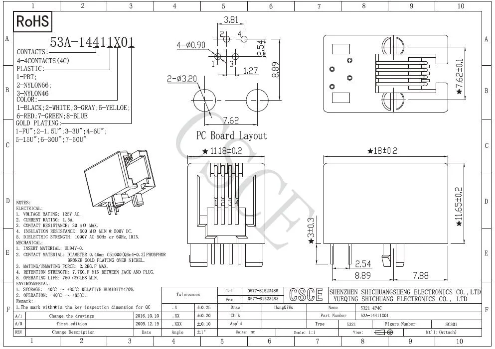 Side Entry Tab Down 4p Rj11 Modular PCB Jack