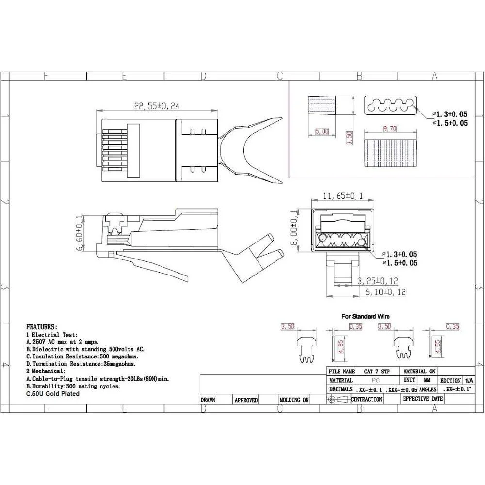 Cat7 RJ45 Connector with 1.3mm Diameter Wiring Holes Shielded Cat7 Connector