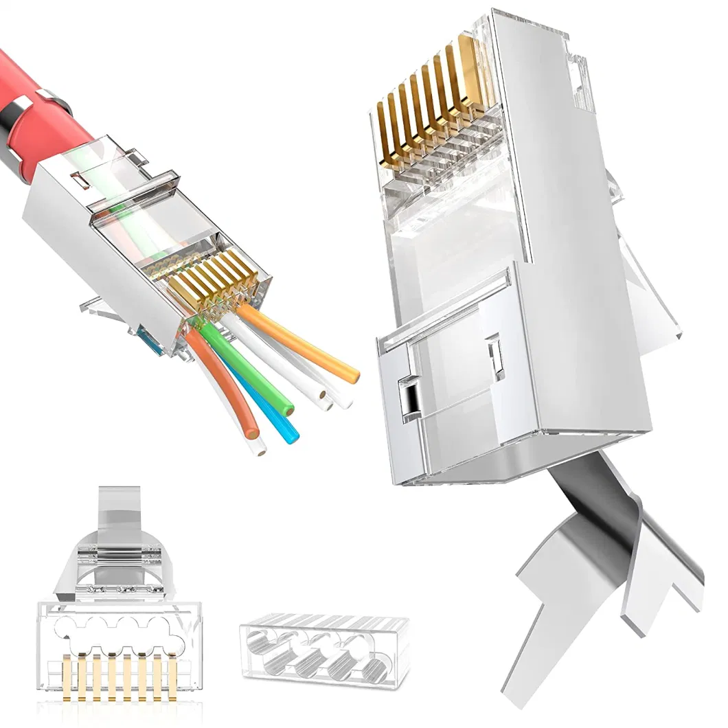 CAT6/6A RJ45 Pass Through Modular Plugs, Shielded (STP) External Ground Connector, UL Listed, Ez Crimp, Gold Plated 3 Prong 8p8c, 50 Pieces