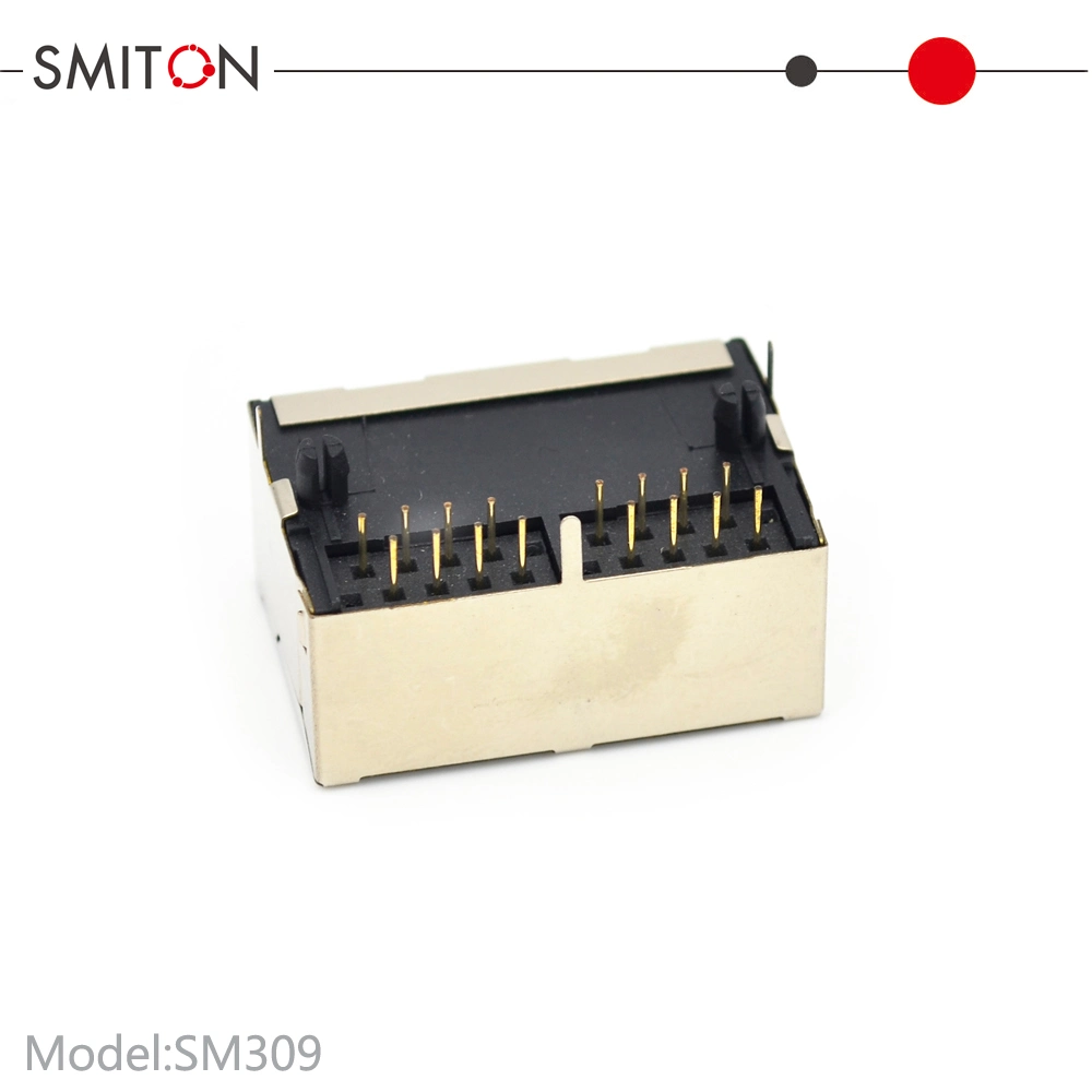 Shielded 2 Port RJ45 PCB Female PCB Socket Connector with Shielding