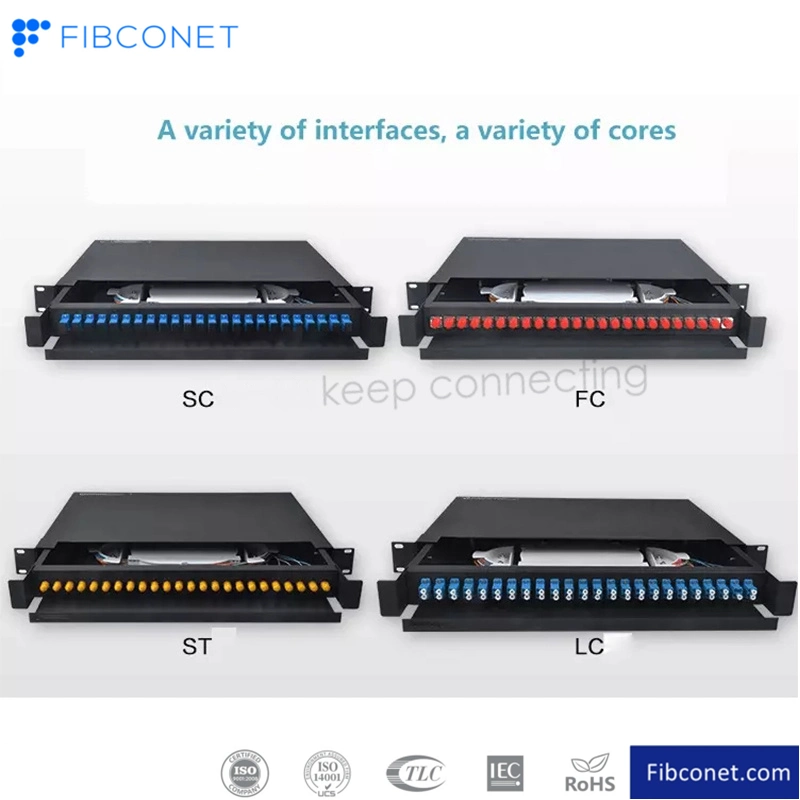 12/24 Port 1u Sc/LC/FC/St MPO Connector Jack Splitter Steel Fiber Optic Distribution Frame Termination Box/ODF/Patch Panel