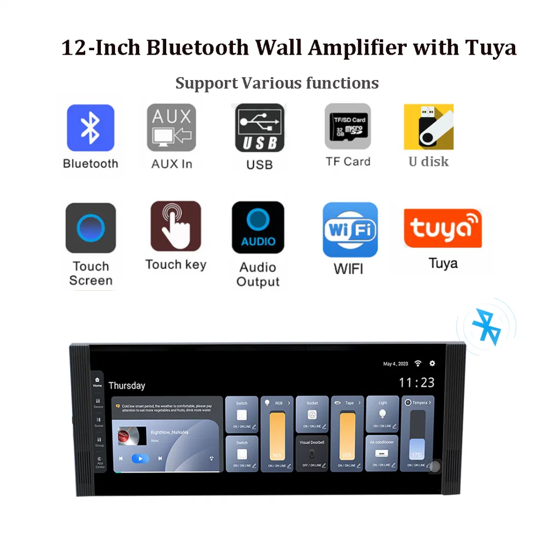 Tuya Zigbee Smart Home Audio Amplifier Bluetooth Android WiFi Wall Mount Amplifier with 12&quot; Touchscreen, RJ45, Volume Control Snob