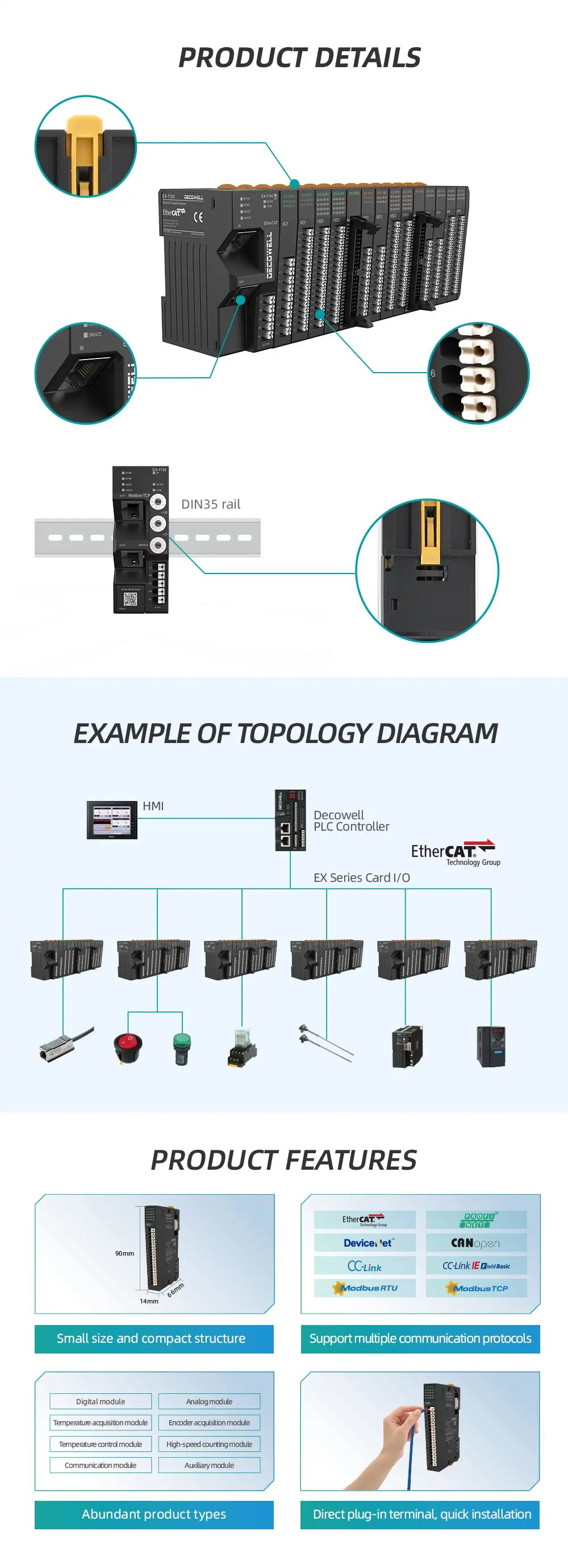 Decowell Ex-200h, 16 Channels, Digital Signal Input (NPN) , Network Adapter Remote I/O Bus Coupler