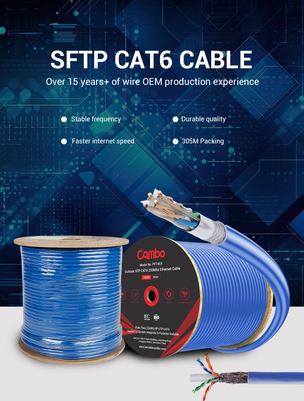 CAT6A SFTP Shielded 0.56mm 22AWG 100m Copper Cmx Flame Retardant Indoors White 600 MHz Safety and Security Bulk Roll Certified Wires