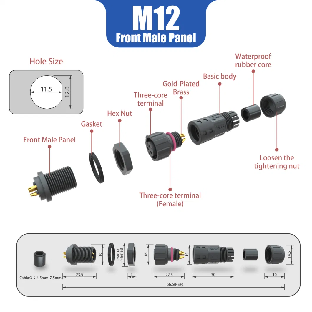 M12 3 Pin Male Female Front Panel Mount Waterproof Connector