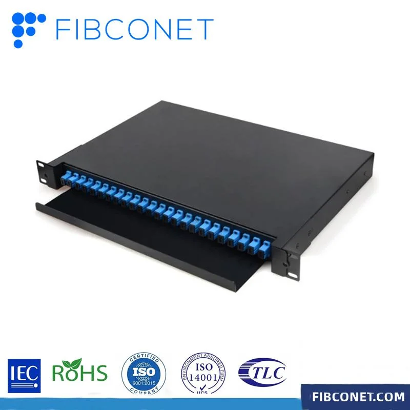 FTTH LC/Sc/St Fiber Optic Patch Panel with Rail 19 Inch Rack Mount 12 24 Port Optical ODF