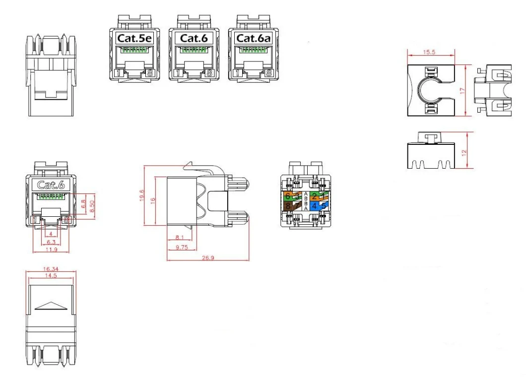 Hot Selling RJ45 Cat5e CAT6 CAT6A UTP Modular Jack 180 Degree Punch Down Unshielded Keystone Jack Connector