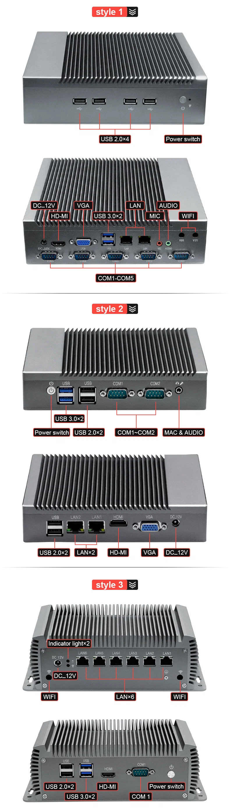 Support Windows / Linux / Android OS COM LAN USB VGA HDMI Aluminum Alloy Industrial Grade Fanless Mini PC 12V 24V