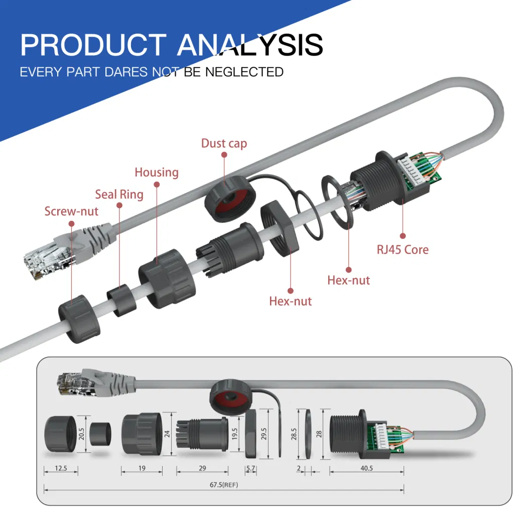 IP67/IP68 Front Panel Mounted Male Female Waterproof RJ45 Connector with Ethernet Cable