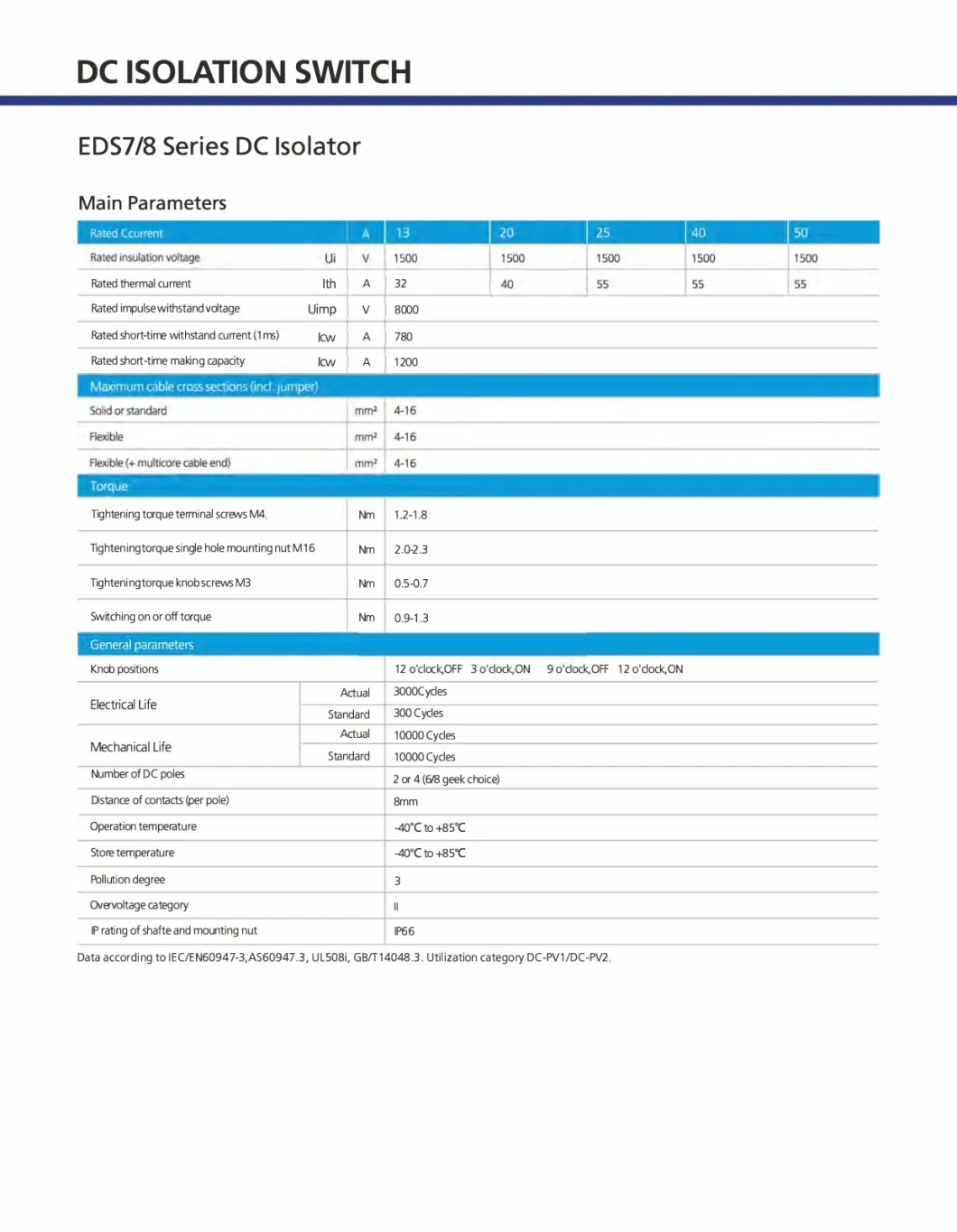 1500V 40A 50A DC Electric Isolator Switch for Solar Connection