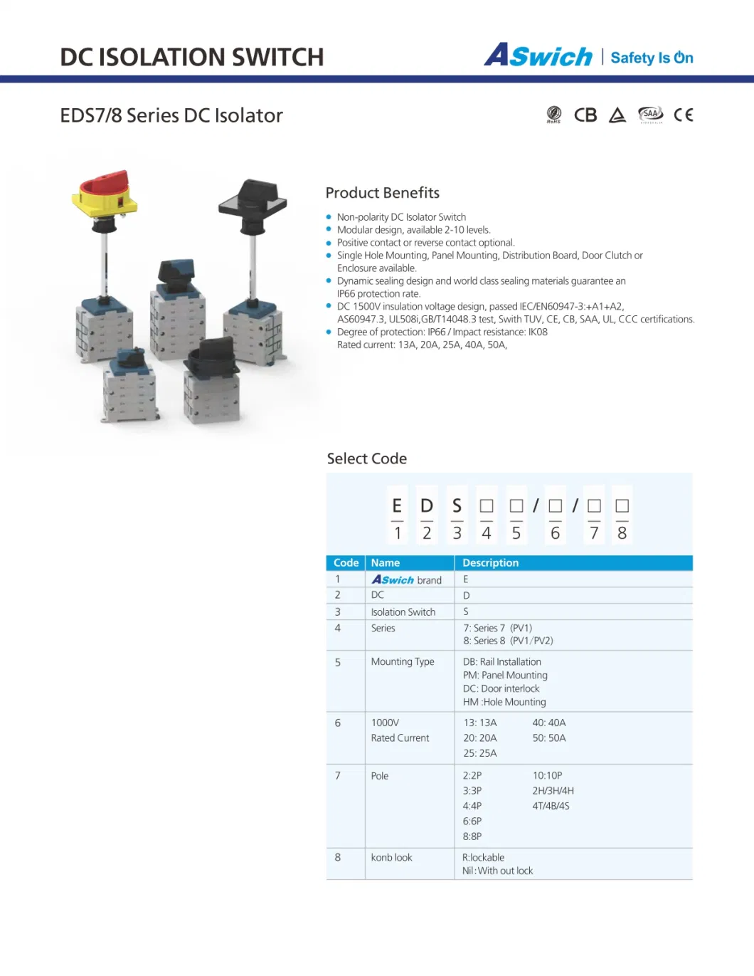 1500V 40A 50A DC Electric Isolator Switch for Solar Connection