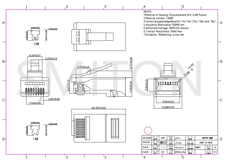 Through Hole Connector RJ45 Plug UTP Cat5 CAT6 UTP RJ45 Pass Through Connector