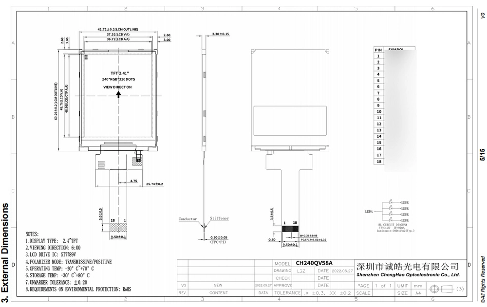 Industrial LCD Display 320*240 MCU Connector 2.4 Inch TFT LCD Panel