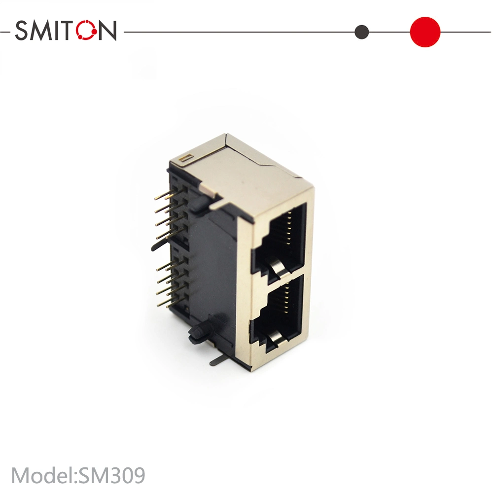 Shielded 2 Port RJ45 PCB Female PCB Socket Connector with Shielding