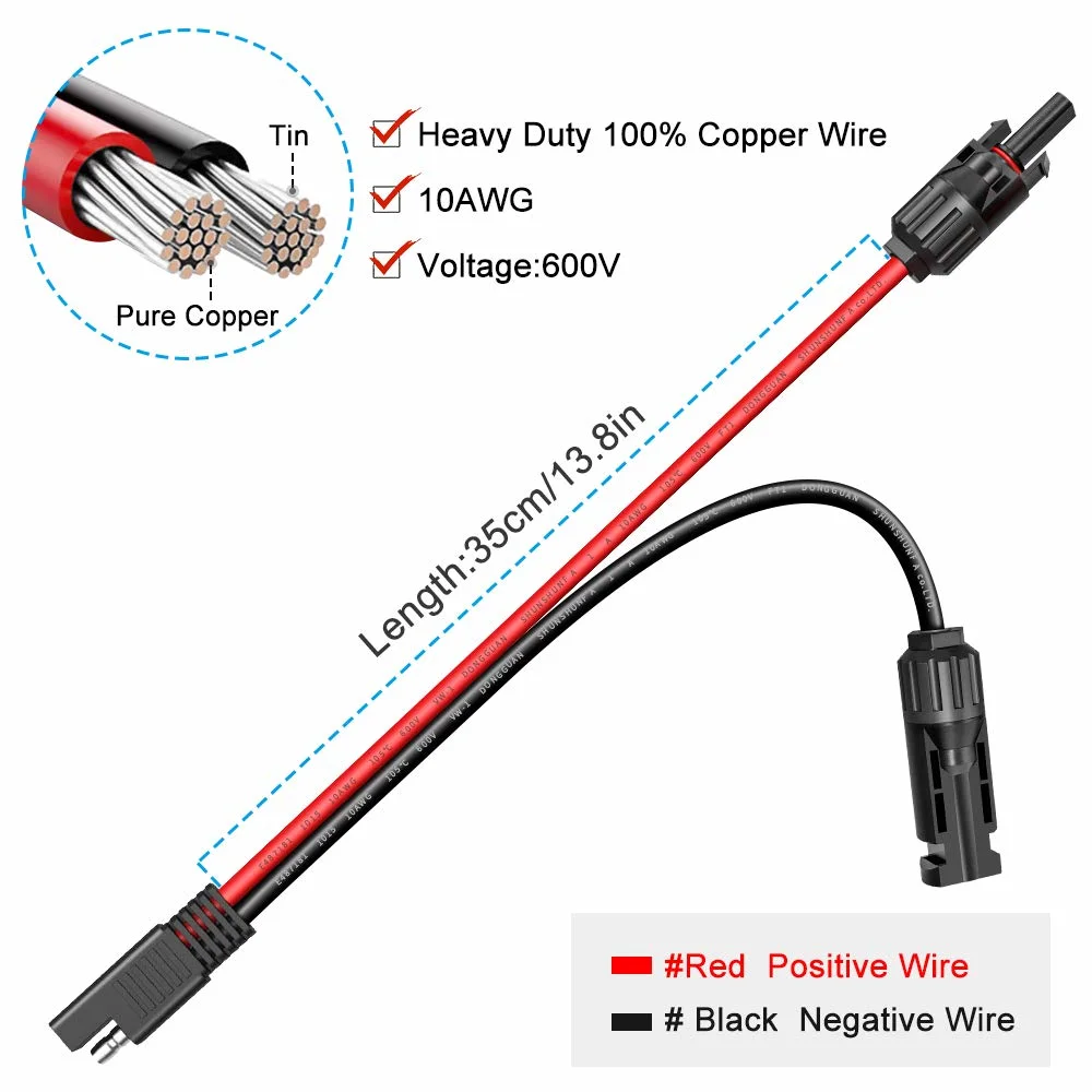 Solar Panel Connector Cable 10AWG SAE Connector to Male &amp; Female Solar Connectors for RV Solar Panel DC Power Battery Charger with SAE Polarity Reverse Adapter