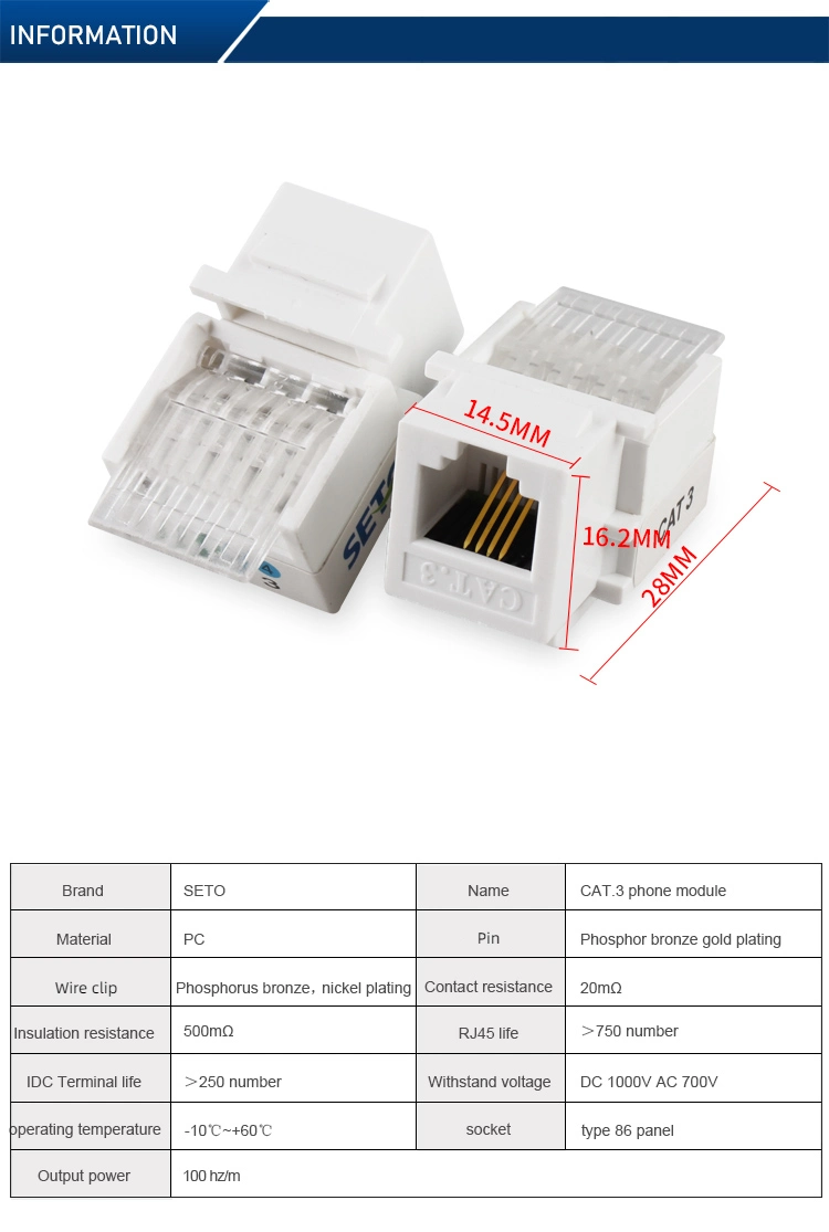 Reusable Cat3 Rj11 4p4c Tool-Less Keystone Jack 110-Type Female Connector