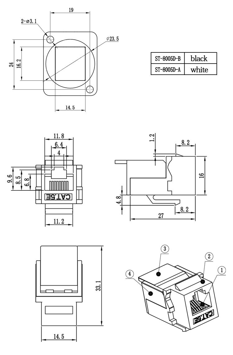 RJ45 Network Connector Metal Panel Socket D Type Mounting Cat5e