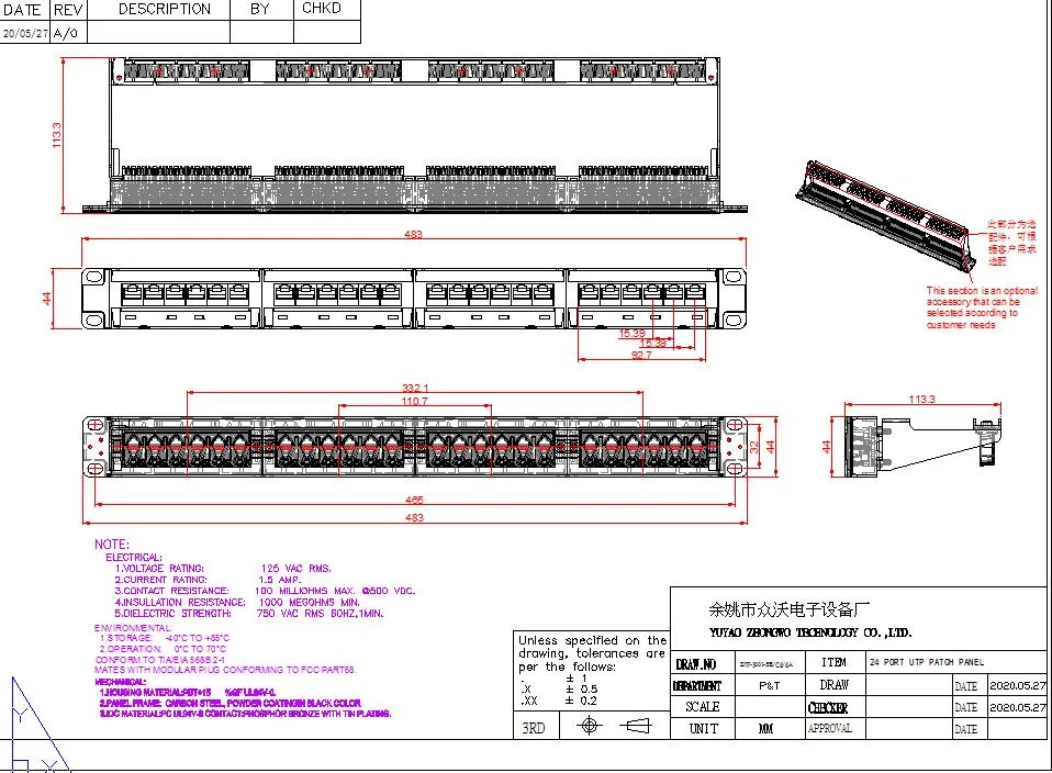 Cat. 6 Patch Panel, UTP 1u 24ports, Cat. 5e Cat. 6A