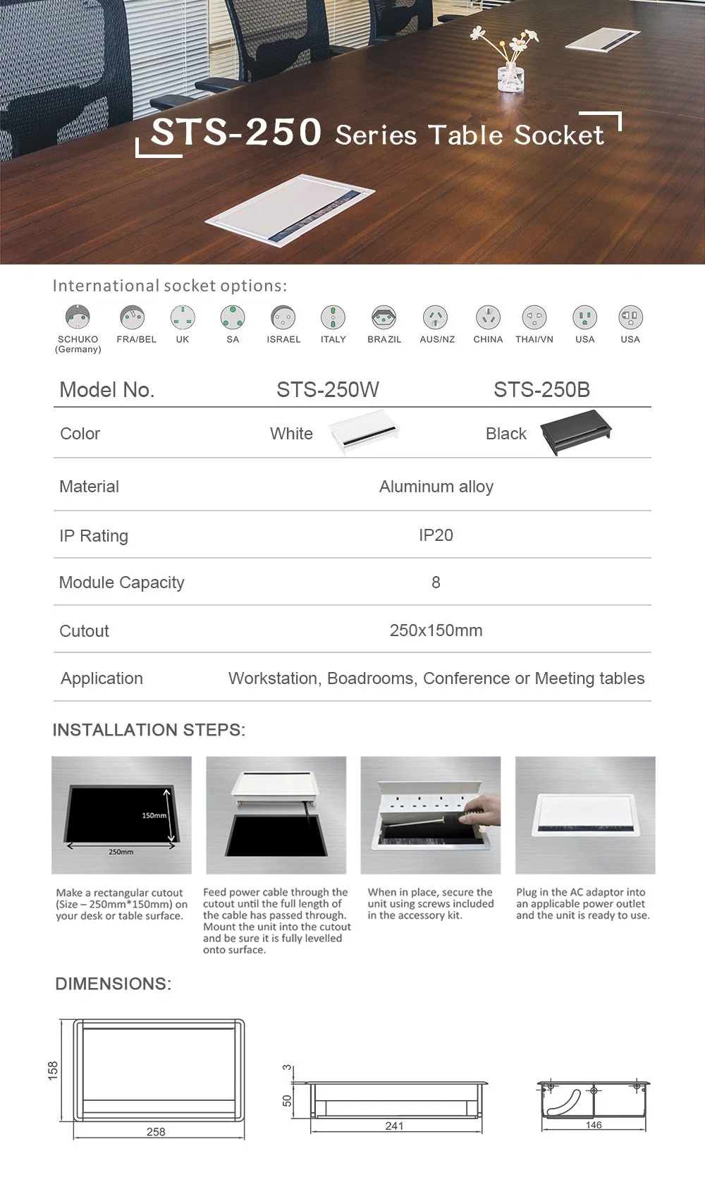 Table Power Connectivity Box for Conference Desktop Silver with Power Socket, USB, HDMI, RJ45 and Audio