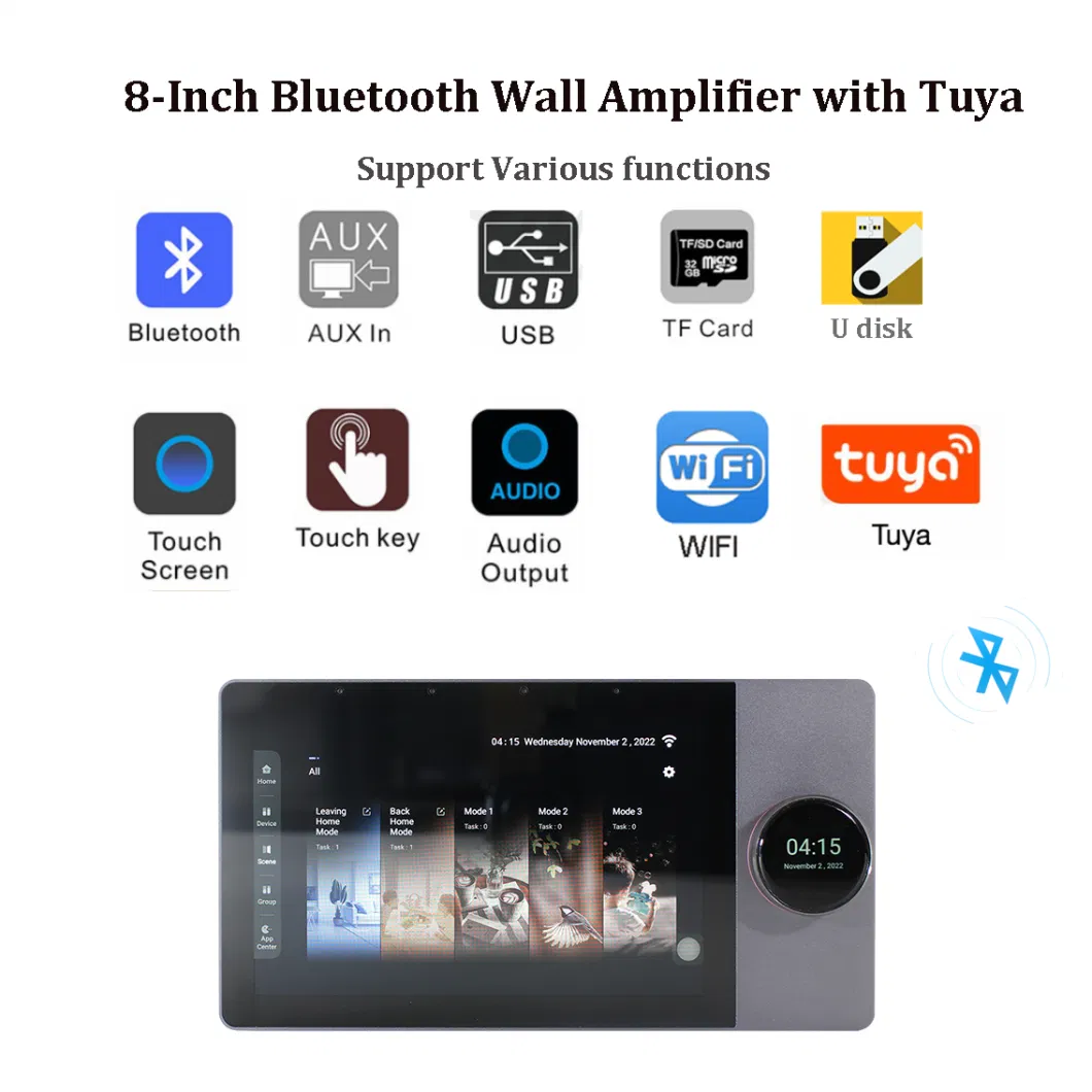 8&quot; Touchscreen Smart Home Audio Bluetooth Android WiFi Switch Wall Mount Amplifier with Tuya Zigbee, RJ45, Volume Control Snob