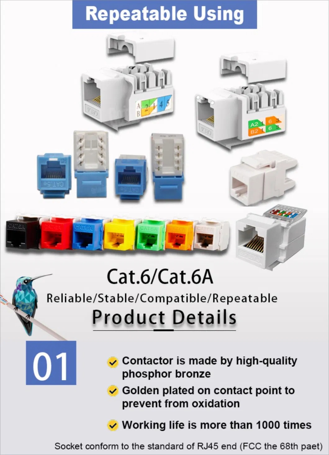 Gcabling RJ45 CAT6 UTP 8p8c RJ45 Coupler Module Connector Snap-in Connector Network Coupler Ethernet Wall RJ45 Keystone Jack