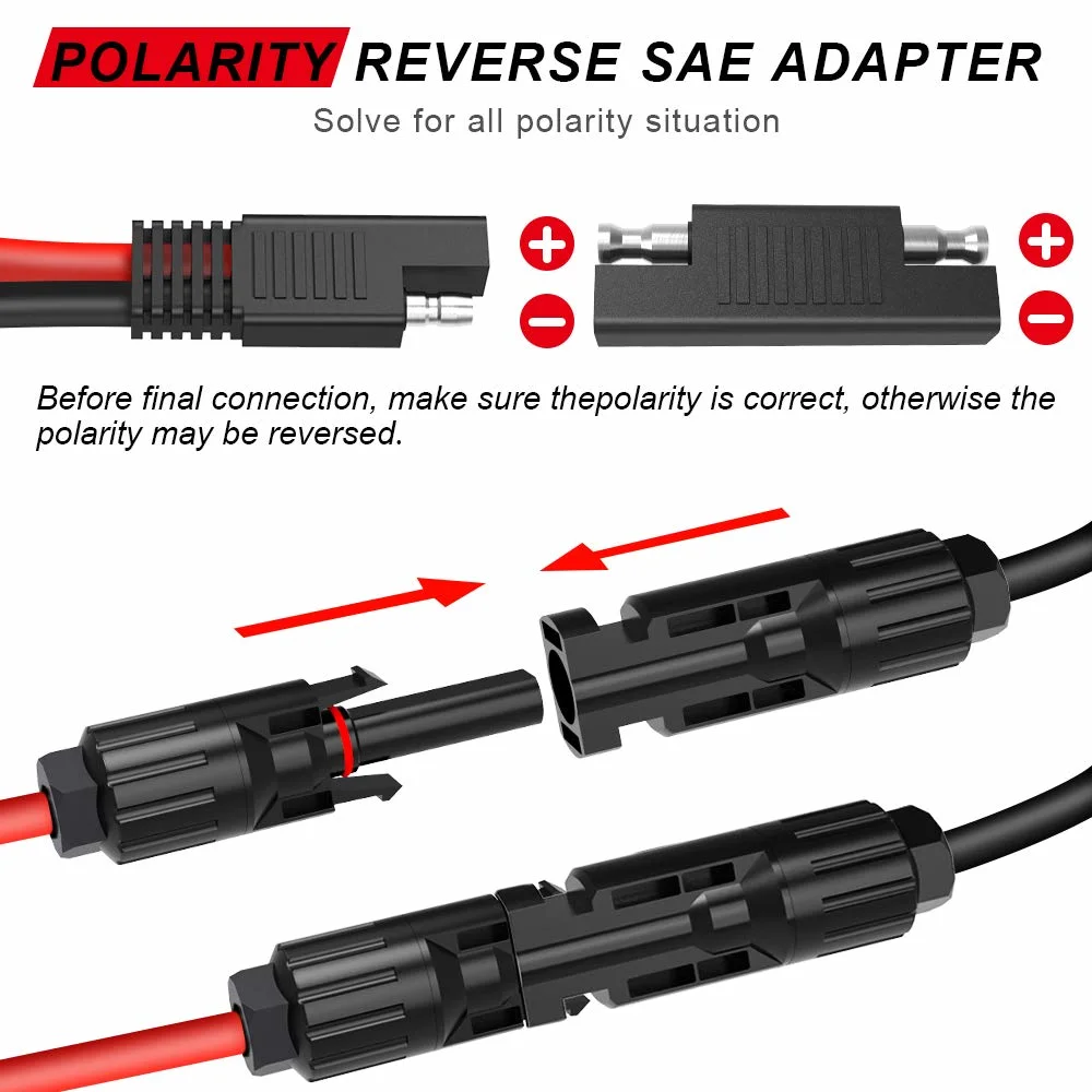 Solar Panel Connector Cable 10AWG SAE Connector to Male &amp; Female Solar Connectors for RV Solar Panel DC Power Battery Charger with SAE Polarity Reverse Adapter