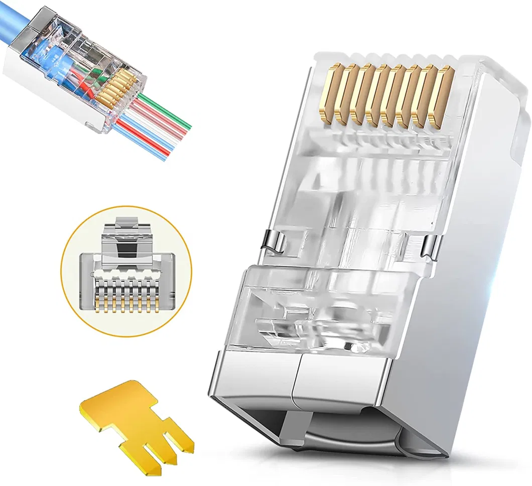 CAT6/6A RJ45 Pass Through Modular Plugs, Shielded (STP) External Ground Connector, UL Listed, Ez Crimp, Gold Plated 3 Prong 8p8c, 50 Pieces