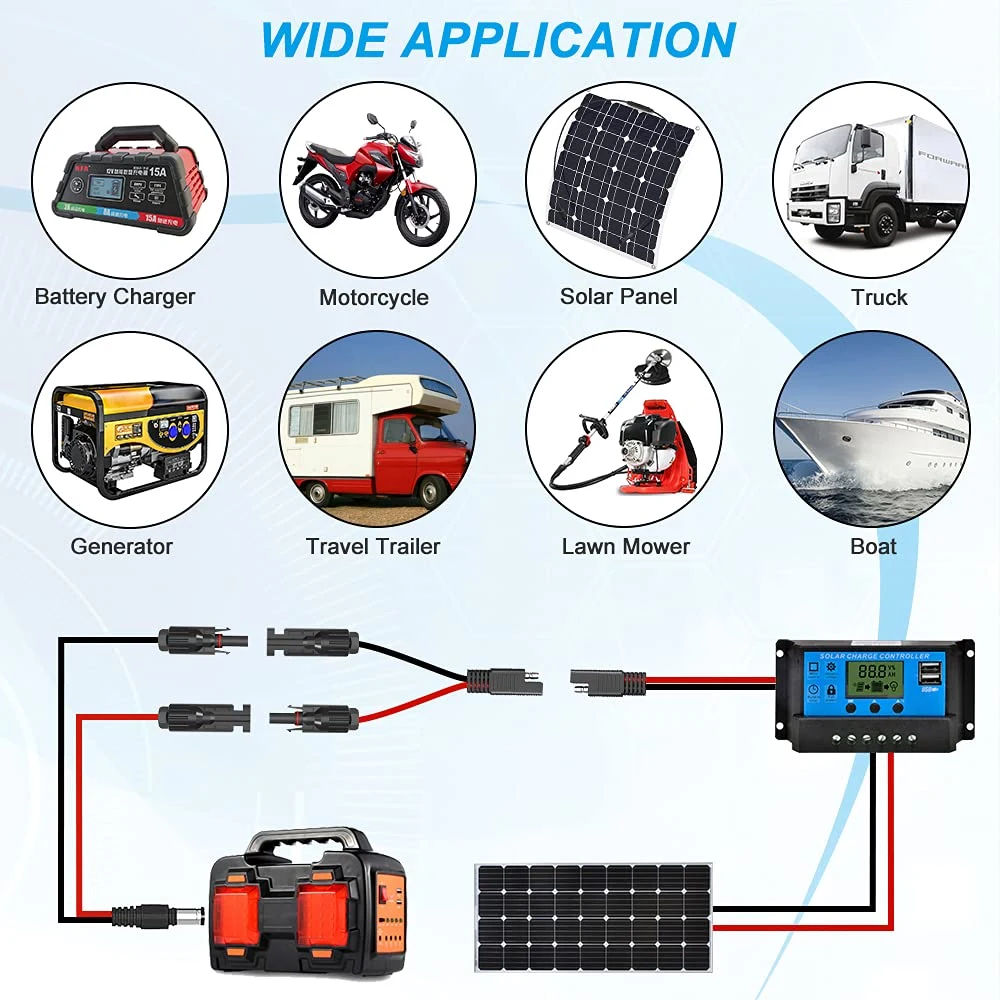 Solar Panel Connector Cable 10AWG SAE Connector to Male &amp; Female Solar Connectors for RV Solar Panel DC Power Battery Charger with SAE Polarity Reverse Adapter