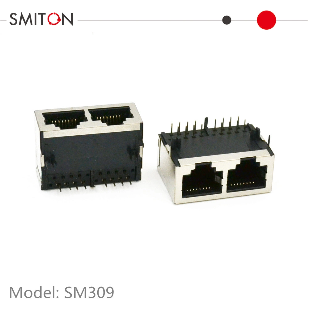 Shielded 2 Port RJ45 PCB Female PCB Socket Connector with Shielding