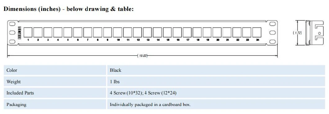 Factory Price 24-Port Keyconnect Patch Panel 24c1u Black (Empty)