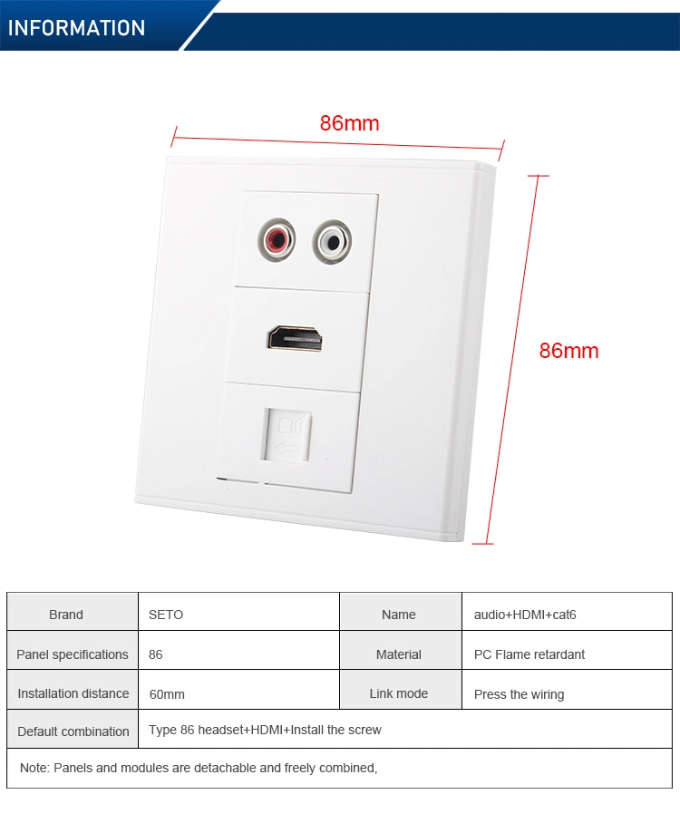 Seto 86 Type Double RJ45 Cat5e Network LAN + RCA AV Wall Plate Audio Red&White + High Definition Multimedia Interface Keystone