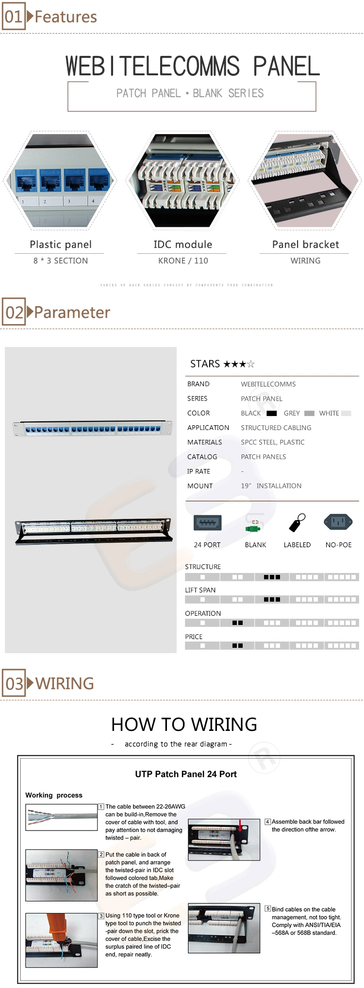 UTP CAT6 24 Ports Colored Jacks Patch Panel for Network Cabinet