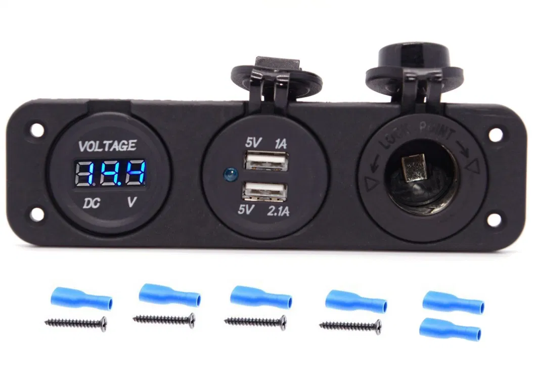 Triple Function Dual USB Charger + Blue LED Voltmeter + 12V Outlet Socket Panel Jack Marine for Digital Devices Mobile Phone Tablet