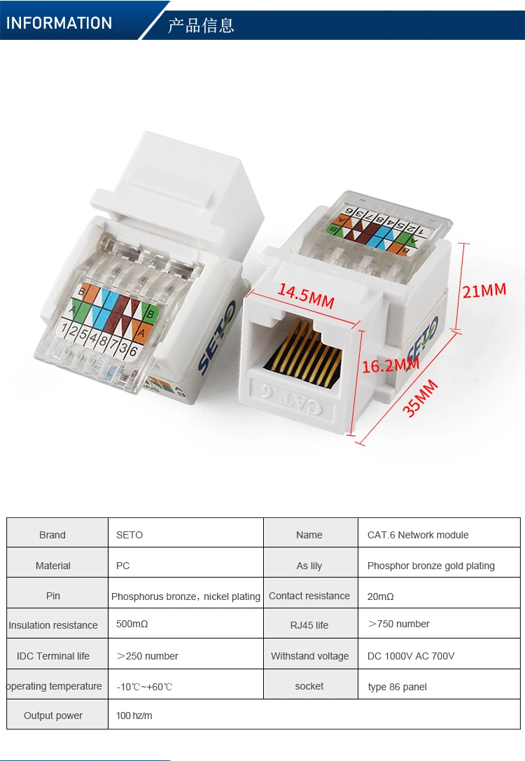 Hot Sale Toolless Female Jack UTP CAT6 RJ45 Keystone Jack