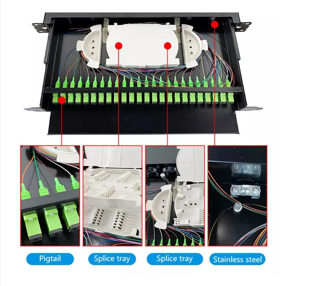 12/24 Port 1u Sc/LC/FC/St MPO Connector Jack Splitter Steel Fiber Optic Distribution Frame Termination Box/ODF/Patch Panel