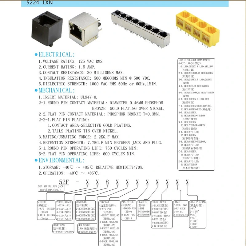 Top Entry 180 Degree RJ45 PCB Jack with LED