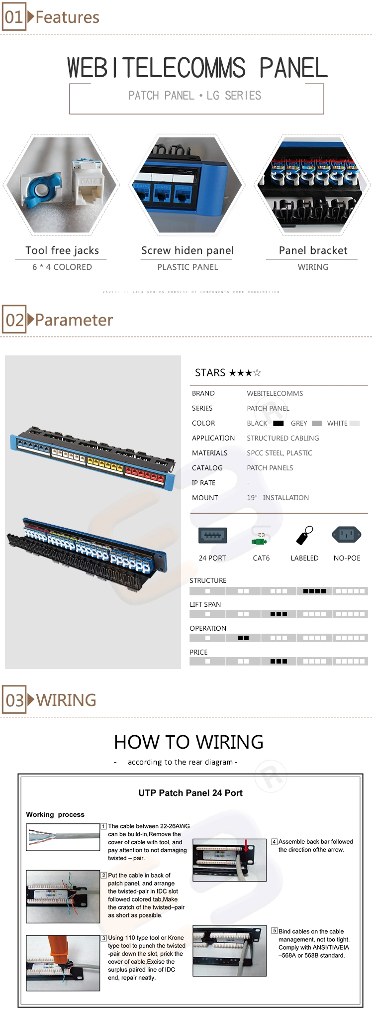 1u 24 Ports UTP CAT6 Colored RJ45 Jacks Network Patch Panel for Data Rack