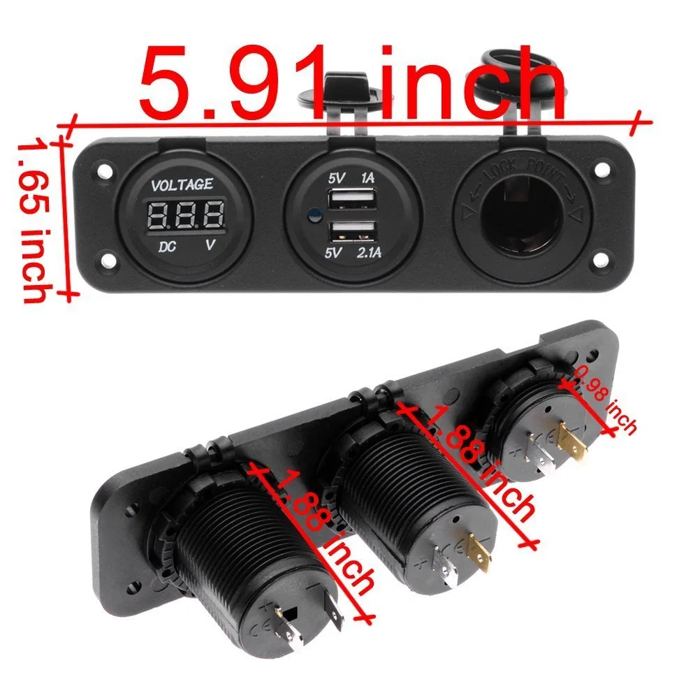 Triple Function Dual USB Charger + Blue LED Voltmeter + 12V Outlet Socket Panel Jack Marine for Digital Devices Mobile Phone Tablet