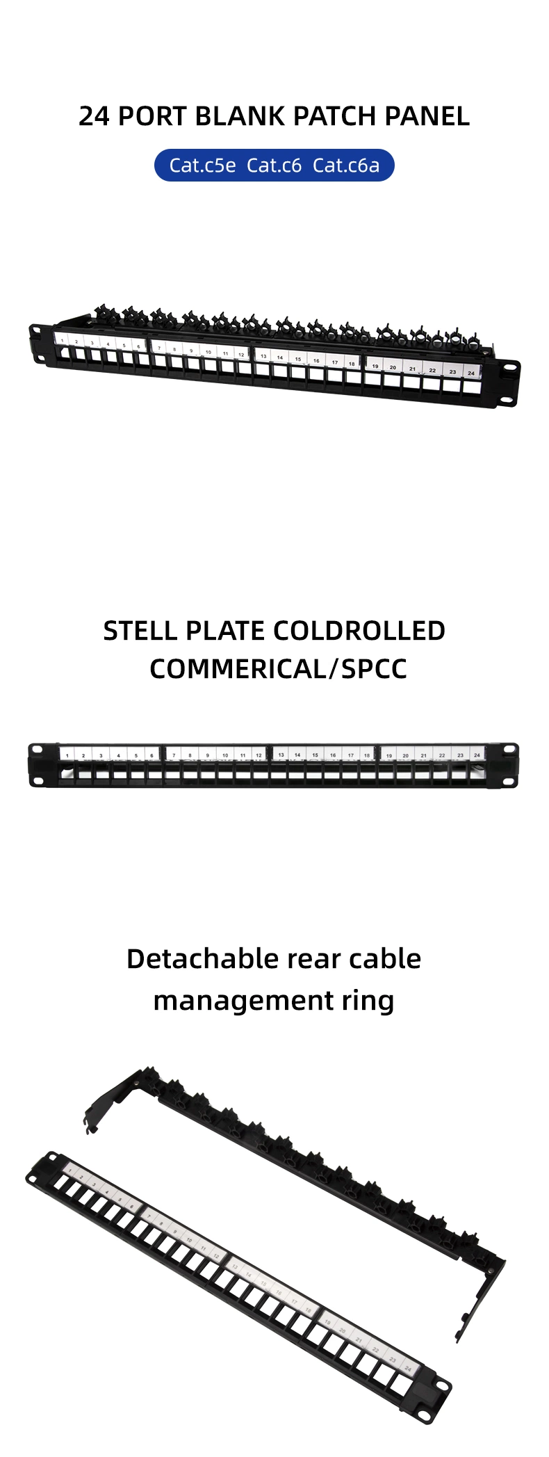 1u 24 Port 19 Inch RJ45 Empty STP FTP Metal Patch Panel with Cable Management Back Bar