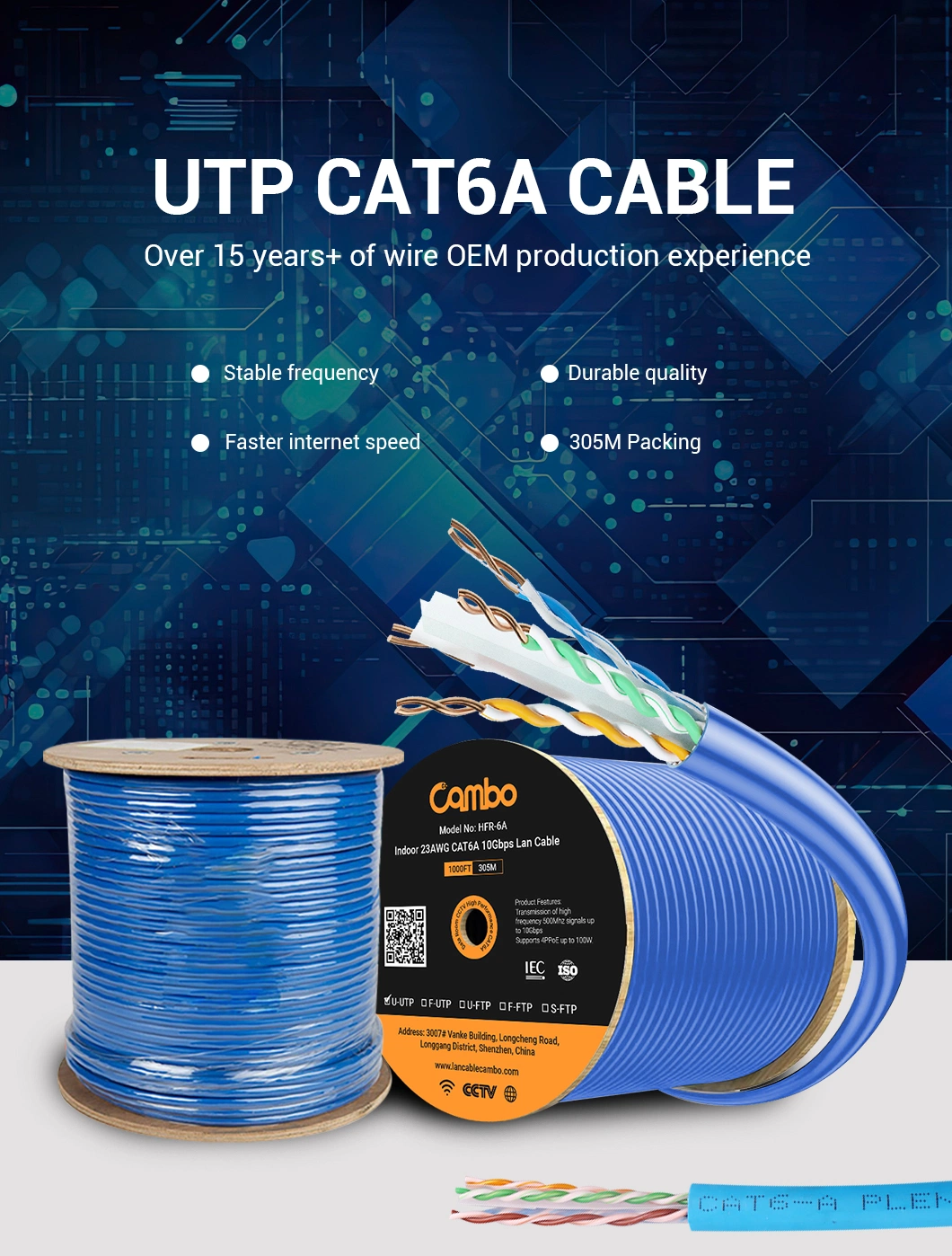 CAT6A UTP Protective Certificate 0.54mm CAT6A Plenum-No Spline 305m CCS CCA Bc Cmg LSZH Indoor Green Wire