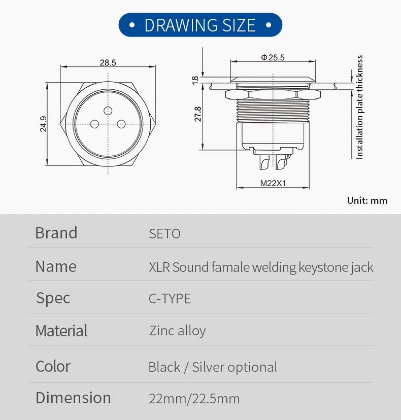 Seto Panel Mounts Metal C-Type Famale XLR Welding XLR Male Female Connector Zinc Alloy Connector Keystone Jack