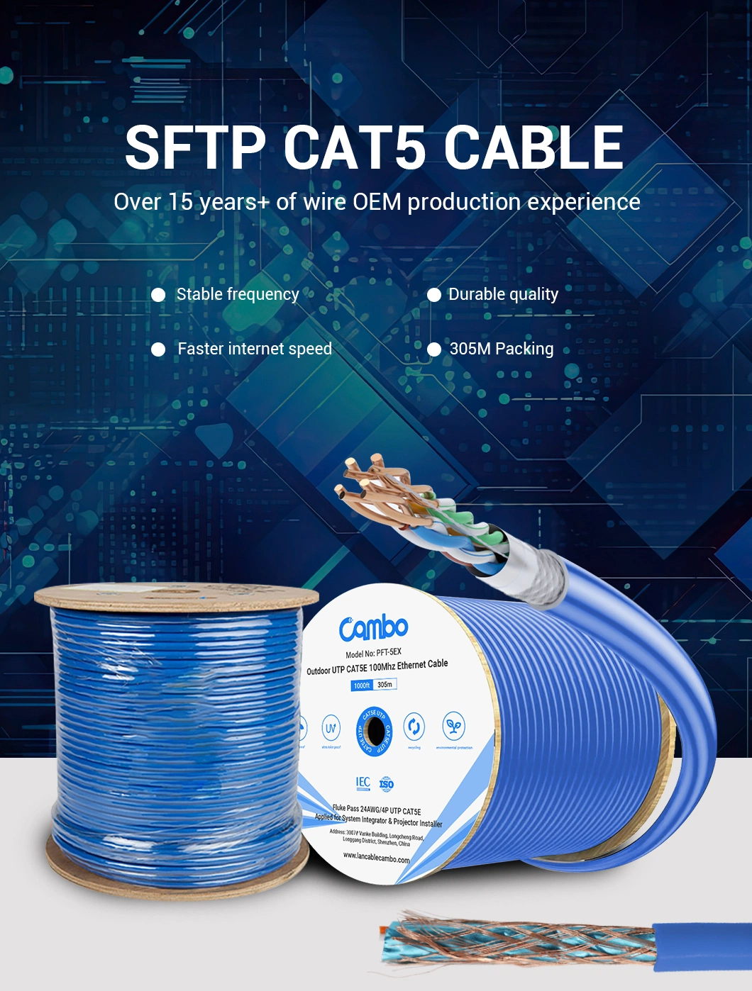 Best Quality CMP Cmr Cat5 SFTP 1000FT Ethernet Patch Cable