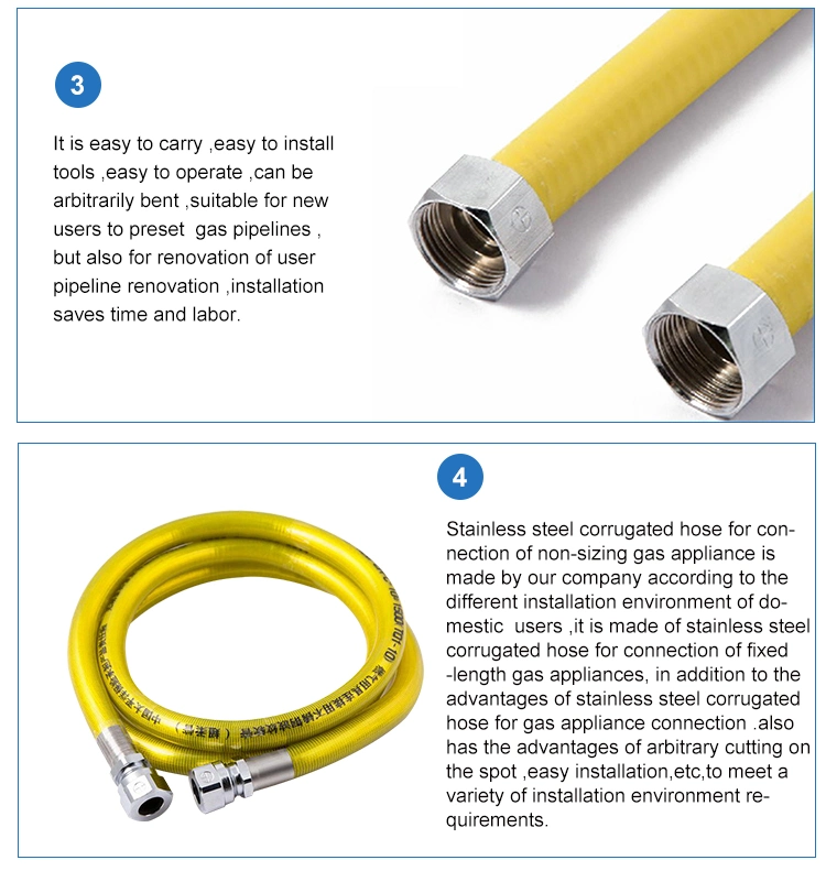 Flexible Gas Line Connection Cooker Stainless Steel Connection Pipe with Yellow PVC/LDPE Coated DN12