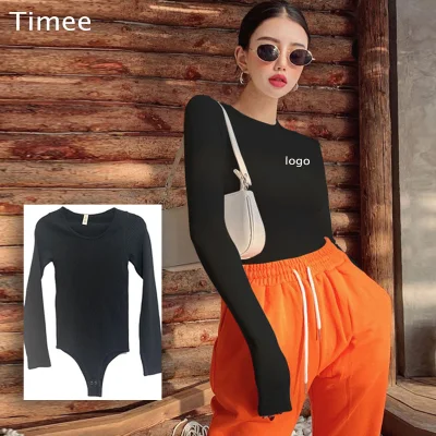  Tejido sin costuras Sexy Jumpsuit de manga larga acanalada Retro Deportes Unitard elástico Camiseta negra causal